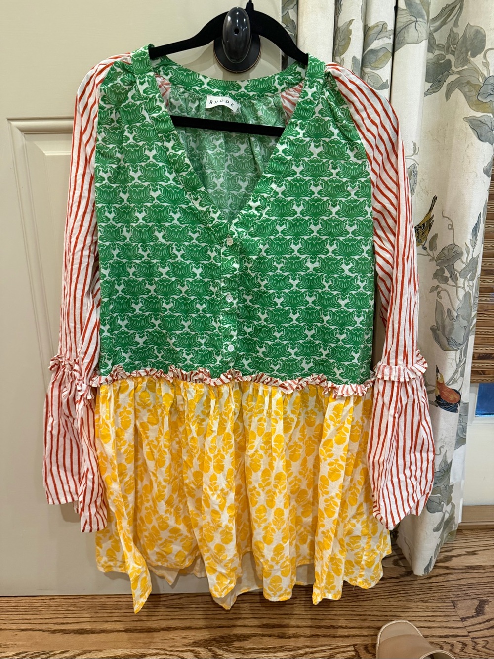RHODE Mixed-Print Tiered Boho Tunic in Green, Yellow & Red